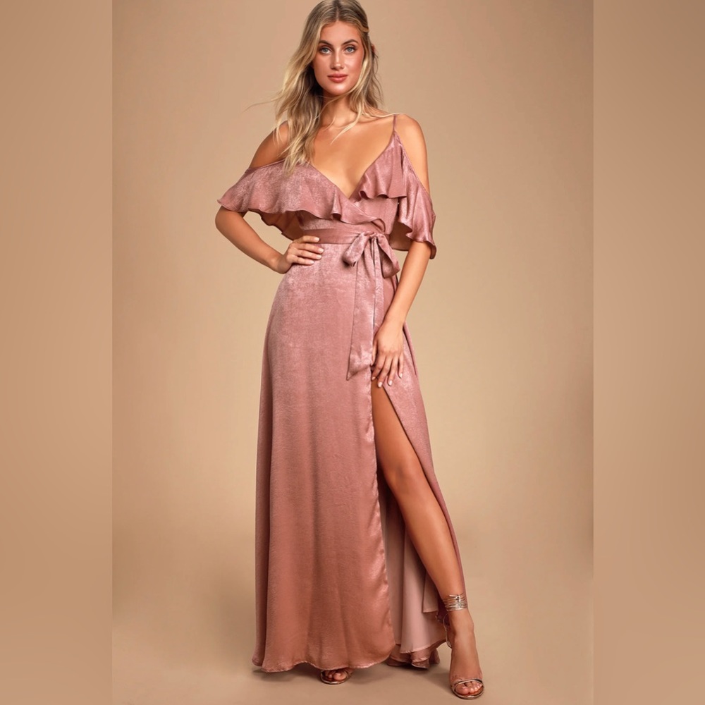 Moriah Rose Satin Cold-Shoulder Wrap Maxi Dress